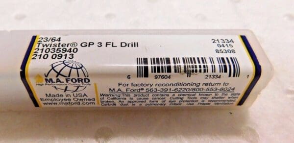 M.A. Ford Solid Carbide Twister GP Drill Series 210 23/64" Dia 135º 3FL 21035940