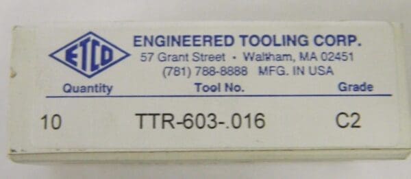 Etco Carbide Threading Inserts TTR-603-.016 Grade C2 Qty. 10