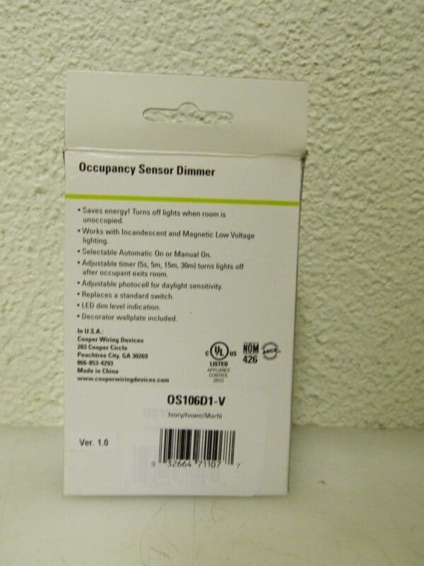 Cooper Infrared Occupancy Sensor Wall Switch 1,000 Square Ft. Coverage OS106D1-V