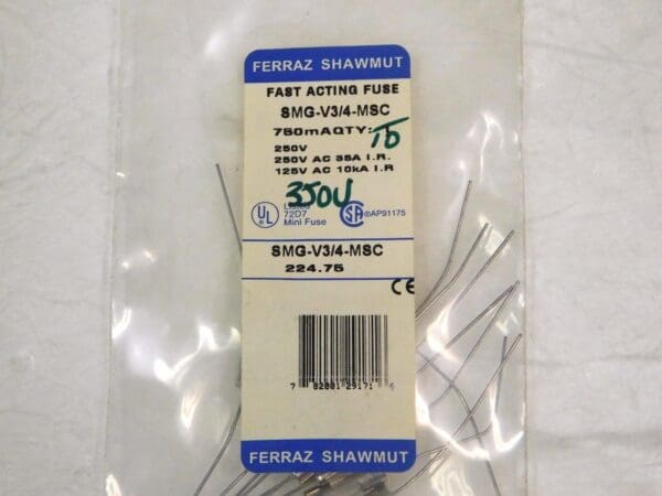 Ferraz Shawmut Fast Acting Mini Glass Fuse 350V 0.75A 10PK Lot of 9 #SMG-V3/4