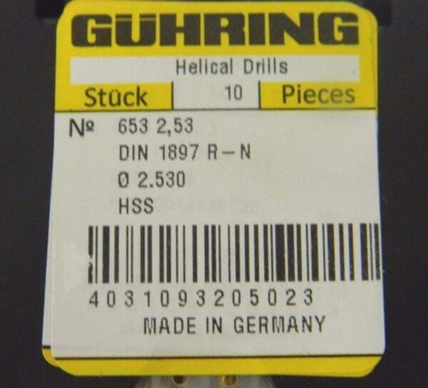 Guhring 9006530025300 0.0996" Screw Machine Length Drill Bits (Box of 10)