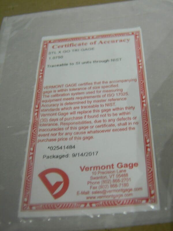 Vermont Gage Class X Plus Steel Pin Gage Go 1.0750” Plus Tolerance 191203110