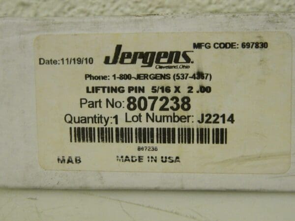 Jergens Lifting Pin 5/16" Pin Diam 2" Grip Length 700 Lbs. Load Cap 807238