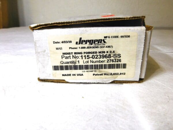 Jergens SS Forged Center Pull Hoist Ring 5000Lb Capacity M20x2.5 Thread 23968-SS