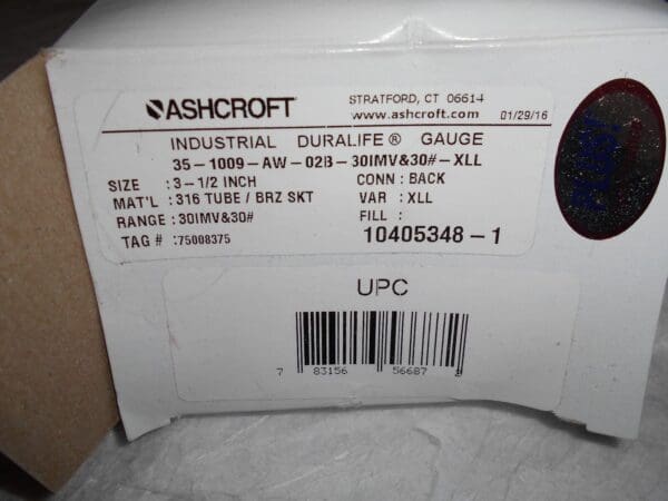 Ashcroft Pressure Gage 3-1/2" Dial 30-0-30 Back Mount 351009A2BLLV/30