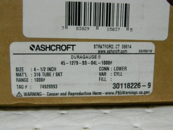 Ashcroft Pressure Gauge 4-1/2" Dial 1/2 Thread 0-1,000 Scale Range 96263