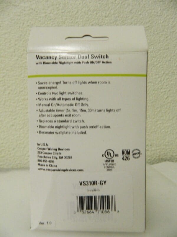 Cooper Wiring Infrared Vacancy Sensor Dual Switch 1,000 Sq. Ft. Cover VS310R-GY