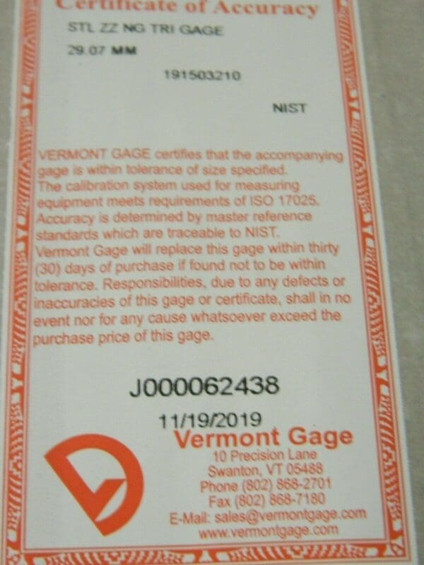 Vermont No Go Class ZZ Plug Gage 1.4980 191503210