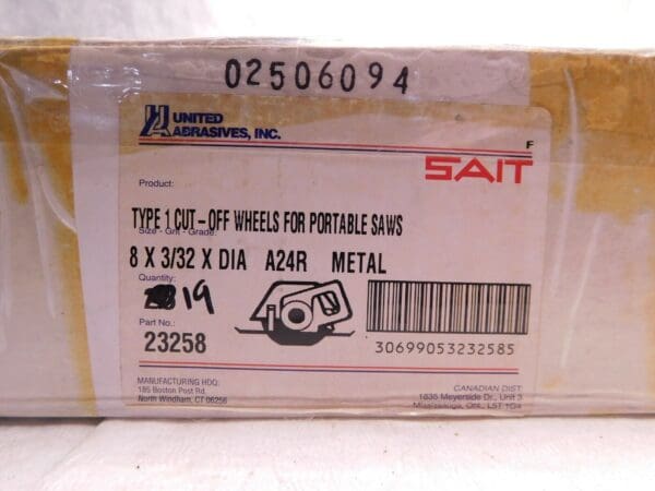 Sait Metal Cut-Off Wheels Type 1 8" x 3/32" Box of 19 A24R