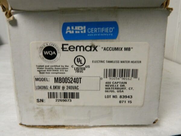 Eemax 240VAC Electric Water Heater 4.8 KW 20A Amp 12 Wire Gauge MB005240T