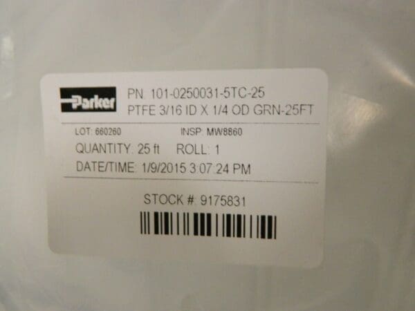 Parker PTFE Tube 3/16"IDx1/4"OD 0.031" Thickness 25' Long Qty 2 10102500315TC25