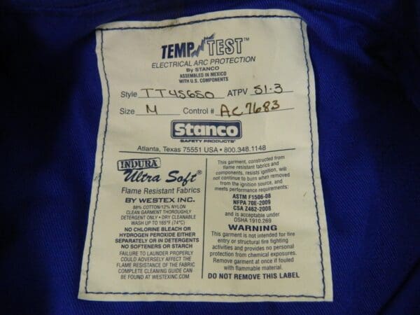 Stanco Temp Test Electric ARC Protection Jacket Size M 50" Length TT45650-M