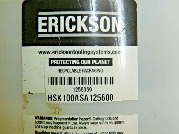 Erickson Shell Mill Holder 1-1/4" Pilot 47.24mm Nose Dia HSK100ASA125600 1256069