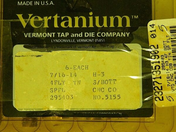 Vermont Bottom Tap 7/16"-14 UNC 4F H3 HSCo TiN SF 8.20mmx22mmx80mm Qty 4 295403