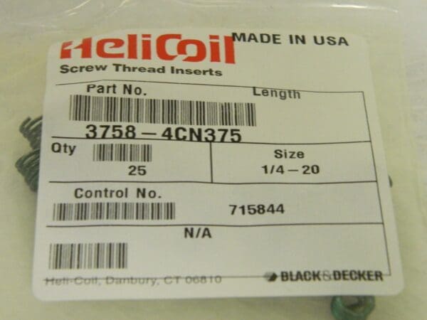 Heli-Coil Stainless Steel Screw Locking Insert 1/4"-20 Bag of 25 3758-4CN375