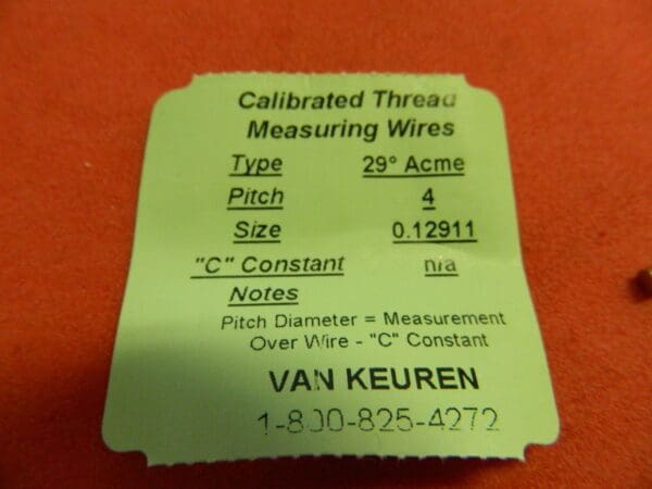 Van Keuren Thread Measuring Wires .12911" Dia. 29° Acme