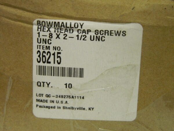 Fully Threaded Bowmalloy Hex Head Cap Screw 1-8 x 2-1/2" Box of 10 36215