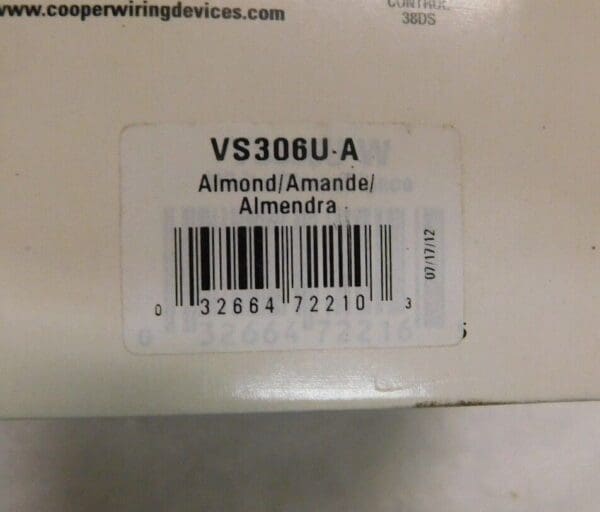 Cooper Wiring Devices Infrared Vacancy Sensor Wall Switch Almond VS306U-A