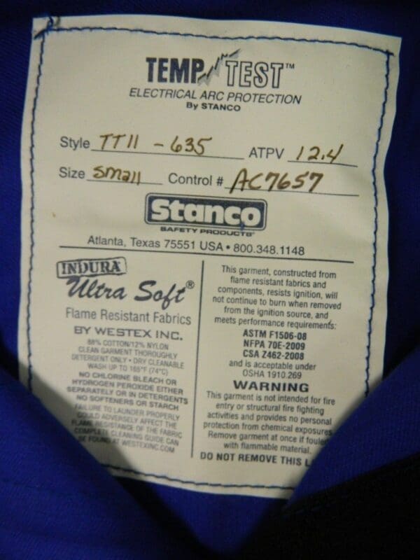 Stanco Temp Test Electric ARC Protection Jacket Size S 35" Length TT11635-S