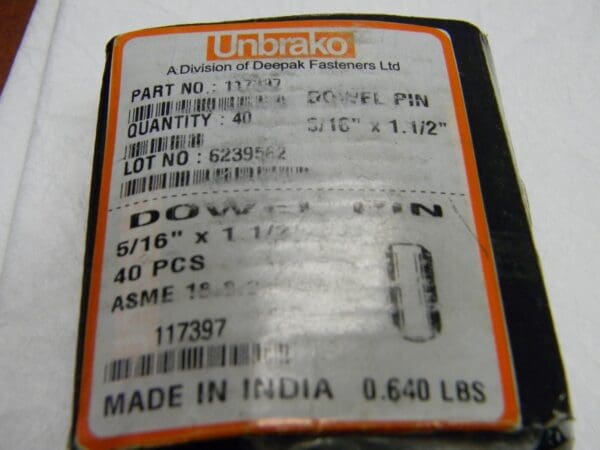 Unbrako Oversized Dowel Pin 5/16" PinDiam 1-1/2" Pin Length Grade 8 QTY 5 117397