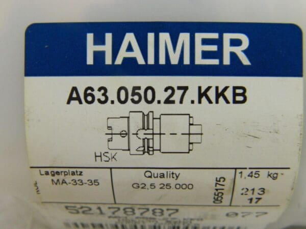 Haimer Face Mill Holder & Adapter HSK63A Taper A63.050.27.KKB