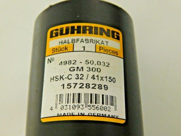 Guhring Tool Holder Blank 166MM Length 50.032 Diam Range HSK-C 32 9049820500320