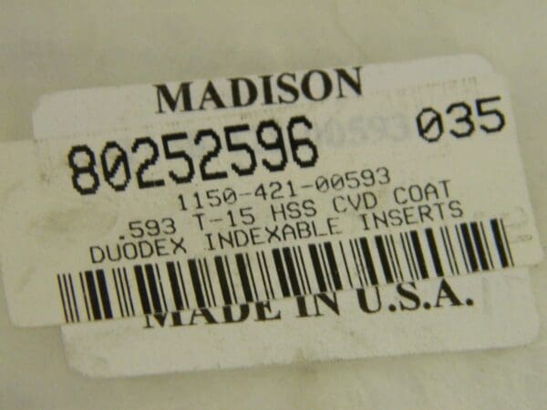 Madison Cutting Tools 0.593" T-15 TiN Duodex Indexable Insert 1150-421-00593