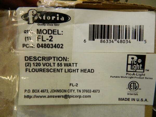 Fostoria Electric Fluorescent Work Light 120 Volt 110 Watt 4803402