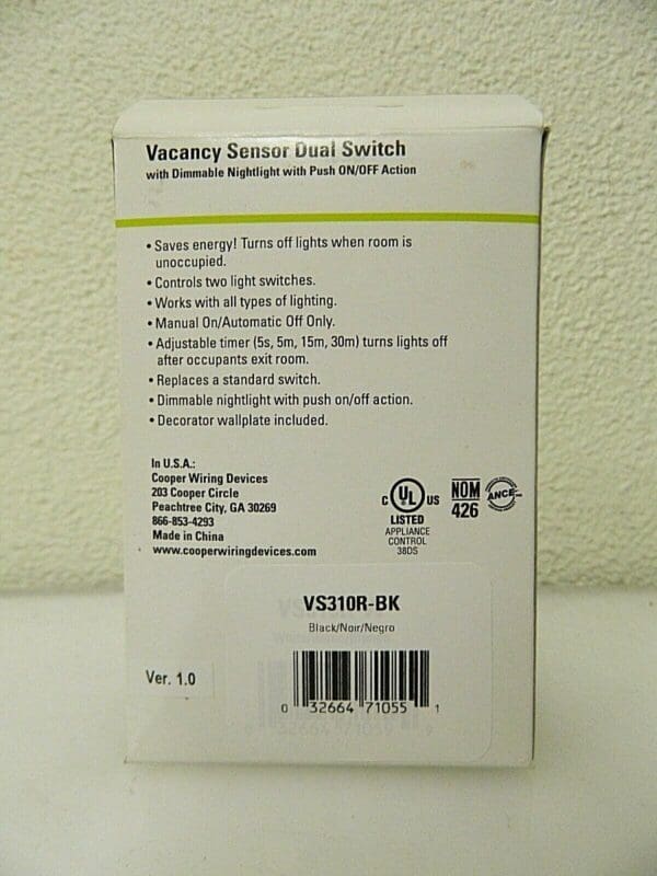 Cooper Wiring Infrared Vacancy Sensor Dual Switch 1,000 Sq. Ft. Cover VS310R-BK