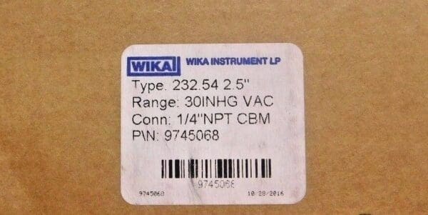 Wika Pressure Gauge 2-1/2" Dial 1/4" Thread 30-0 Scale Range 9745068