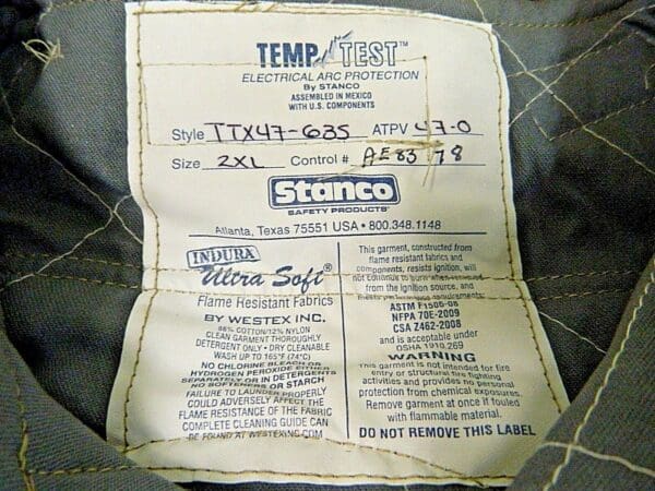 Stanco Safety Products Brown Temp Test Line Coat 47CAL Size 2XL TTX47635-2XL