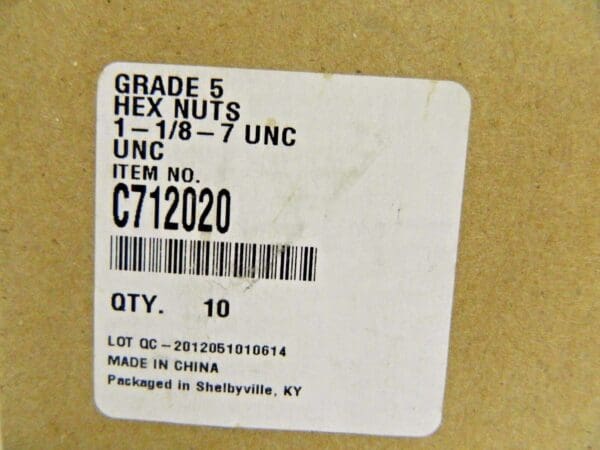 Hex Nuts 1-1/8" - 7 UNC x 1-11/16" W Grade 5 Qty 10 C712020