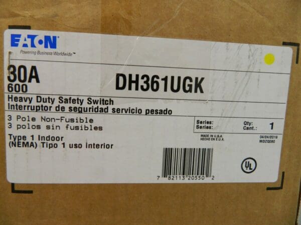 Eaton Cutler-Hammer Nonfused Safety Switch 30 Amp 250 VDC DH361UGK