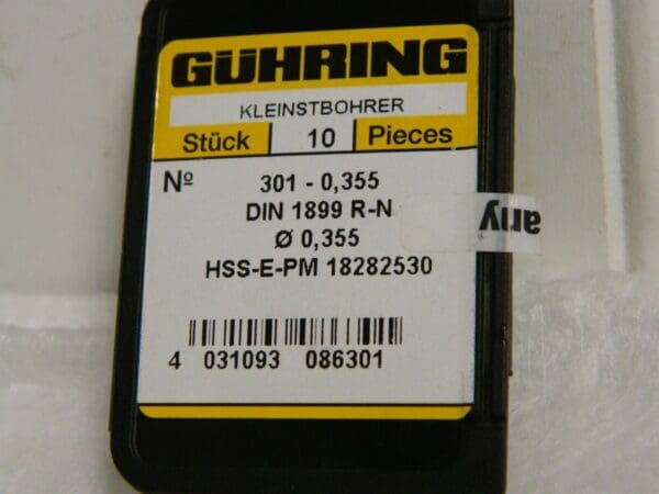 Guhring Cobalt Micro Drill Bit 0.355mm 118° Point Qty 10 9003010003550