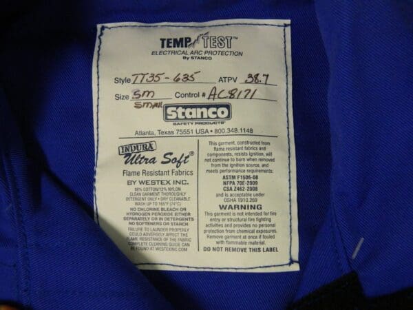 Stanco Temp Test Electric ARC Protection Jacket Size Small 35" Length TT35635-S