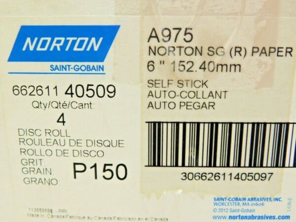 Norton Ceramic Adhesive PSA Discs Dry Ice A975 6"D 150G Qty 4 Rolls 66261140509