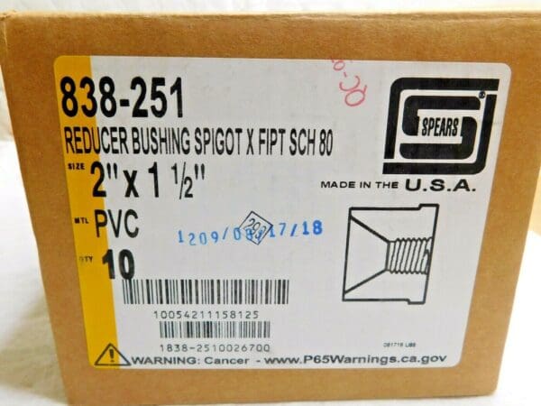 Spears PVC Pipe Bushings 2" x 1-1/2" Spigot x FNPT SCH 80/XH Qty 10 838-251