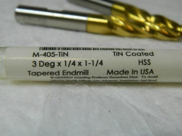 Award HSS Tapered Sq End Mill 3º 1/4” Sm End 1.25” LOC 3.25” OAL Qty 2 M-405-TIN