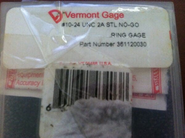 Vermont Gage Single Ring Gage 10-24 UNC-2A No Go Steel 361120030