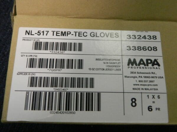 Mapa NL-517 Temp-Tec Gloves Insulated Neoprene Size 8 Qty 6 Pairs 332438