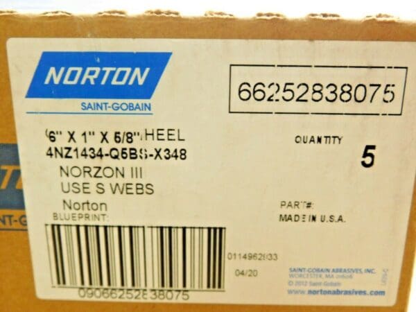 5 Norton Norzon III Grinding Wheel Zirconia Alumina 14G 6"x1"x 5/8" 66252838075