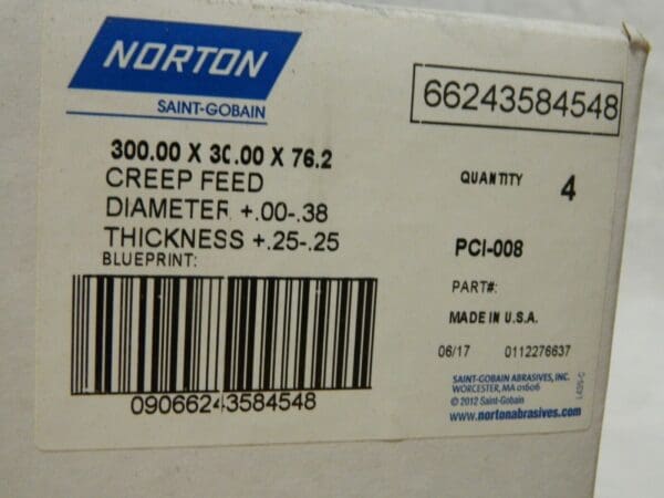 Norton Surface Grinding Wheel 300mm x 3" Hole x 30mm Thick Qty 4 66243584548