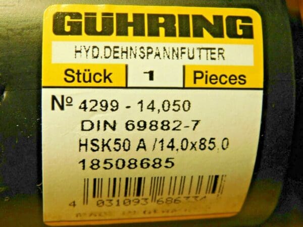 Guhring Hydraulic Chuck HSK50A Through Coolant 14mm Hole Diam 4299 14.050