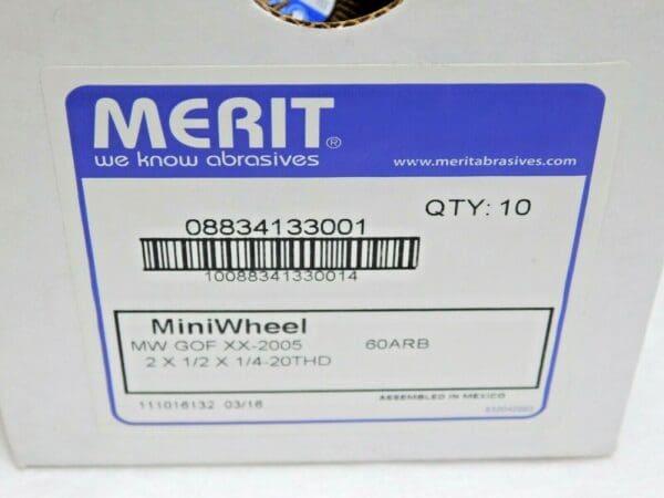 10 PACK Merit Abrasives MiniWheels 2" x 1/2" x 1/4"-20THD 60 Grit 8834133001