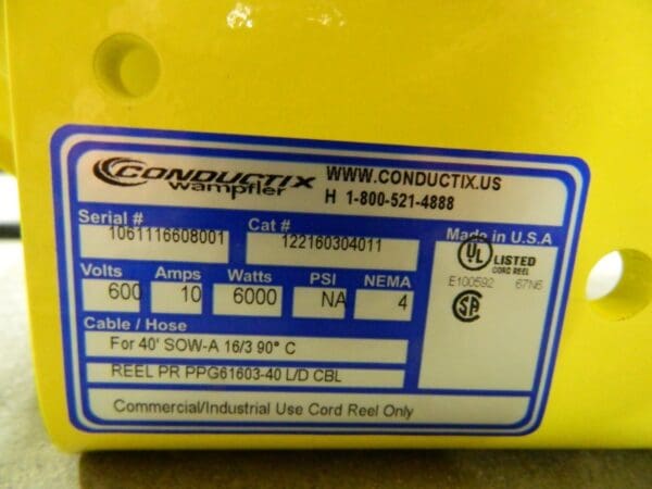 Conductix Bare End Cord and Cable Reel 16 AWG 40 Ft Long 122160304011