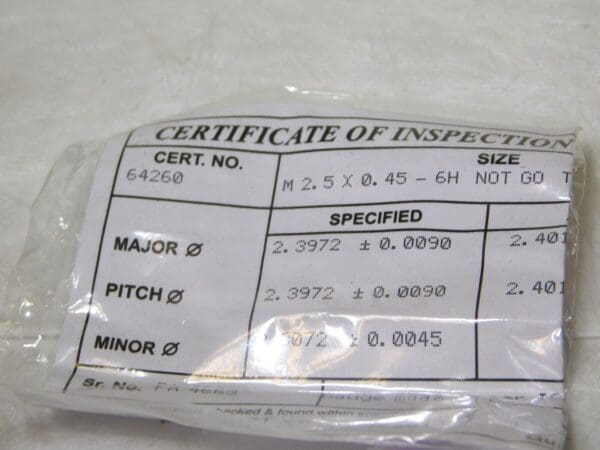 SPI Metric Taperlock Thread Plug Gage Single End M2.5x.45 Thread NOGO 34-576-9