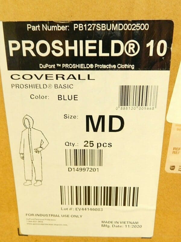 BOX of 25 DuPont ProShield 10 Blue Coveralls w/Hood Size Medium PB127SBUMD002500