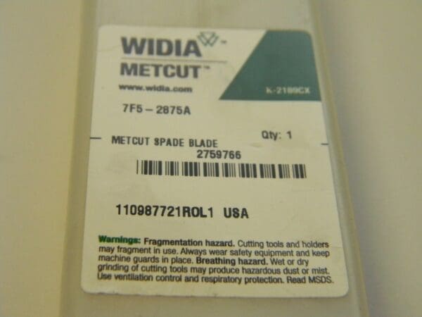 Widia Metcut Spade Blade Insert T15 2.8750" 144° TiAlN Cobalt 7F5-2875A