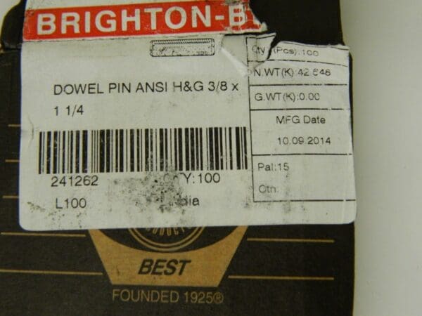 Brighton Best Dowel Pins 95 Pack 3/8" Pin Diam 1-1/4" Pin L. Grade 8 241262