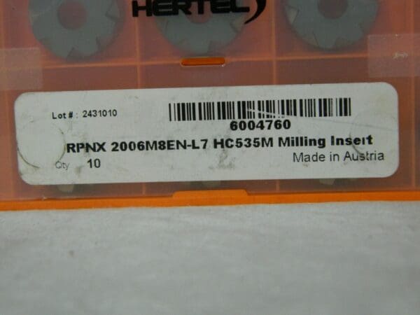 Hertel RPNX2006M8EN-L7 HC535M Carbide Milling Insert Qty 8 6004760